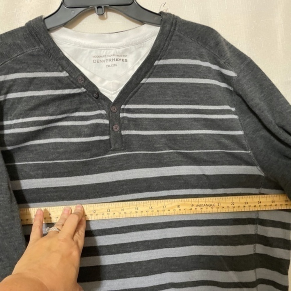 2/$40. Denver Hayes Mens Long Sleeve Henley Shirt Grey Striped Size XXL - Picture 5 of 10